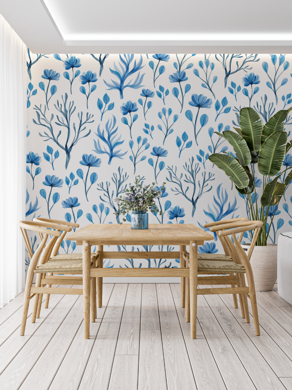Blue watercolor flowers creating calm in a master bathroom