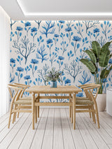 Blue watercolor flowers creating calm in a master bathroom