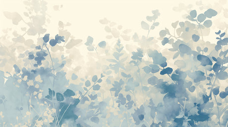 Blue eucalyptus watercolor wallpaper in modern living room creating serene atmosphere
