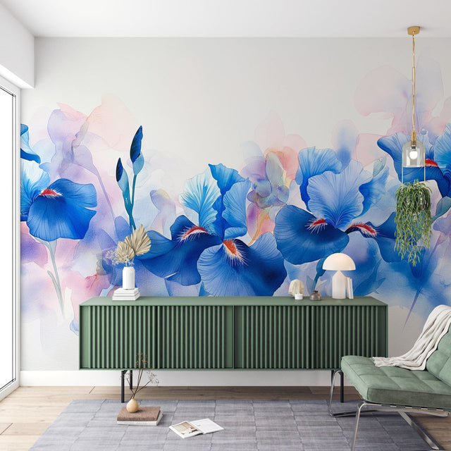 Blue iris watercolor wallpaper in a bright modern living room, showing how floral murals create a fresh, artistic atmosphere