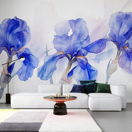 Blue iris watercolor wallpaper mural creating a fresh garden feel in a bright living room with modern furniture