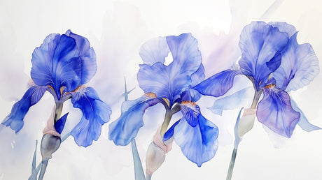 Blue iris watercolor wallpaper design file showing detailed flower pattern and soft color transitions
