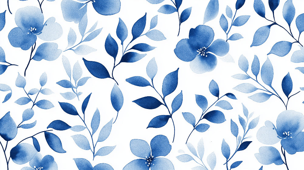 Watercolor blue leaves pattern design file showing intricate botanical details and flowing composition