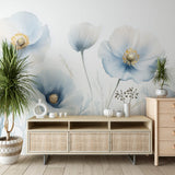 Blue watercolor poppy wallpaper creating a serene atmosphere in a bright modern bedroom with minimal furniture