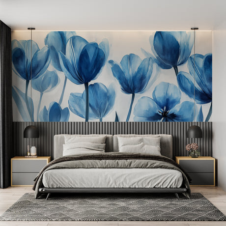 Blue tulip wallpaper mural in a bright modern living room creating a fresh spring atmosphere