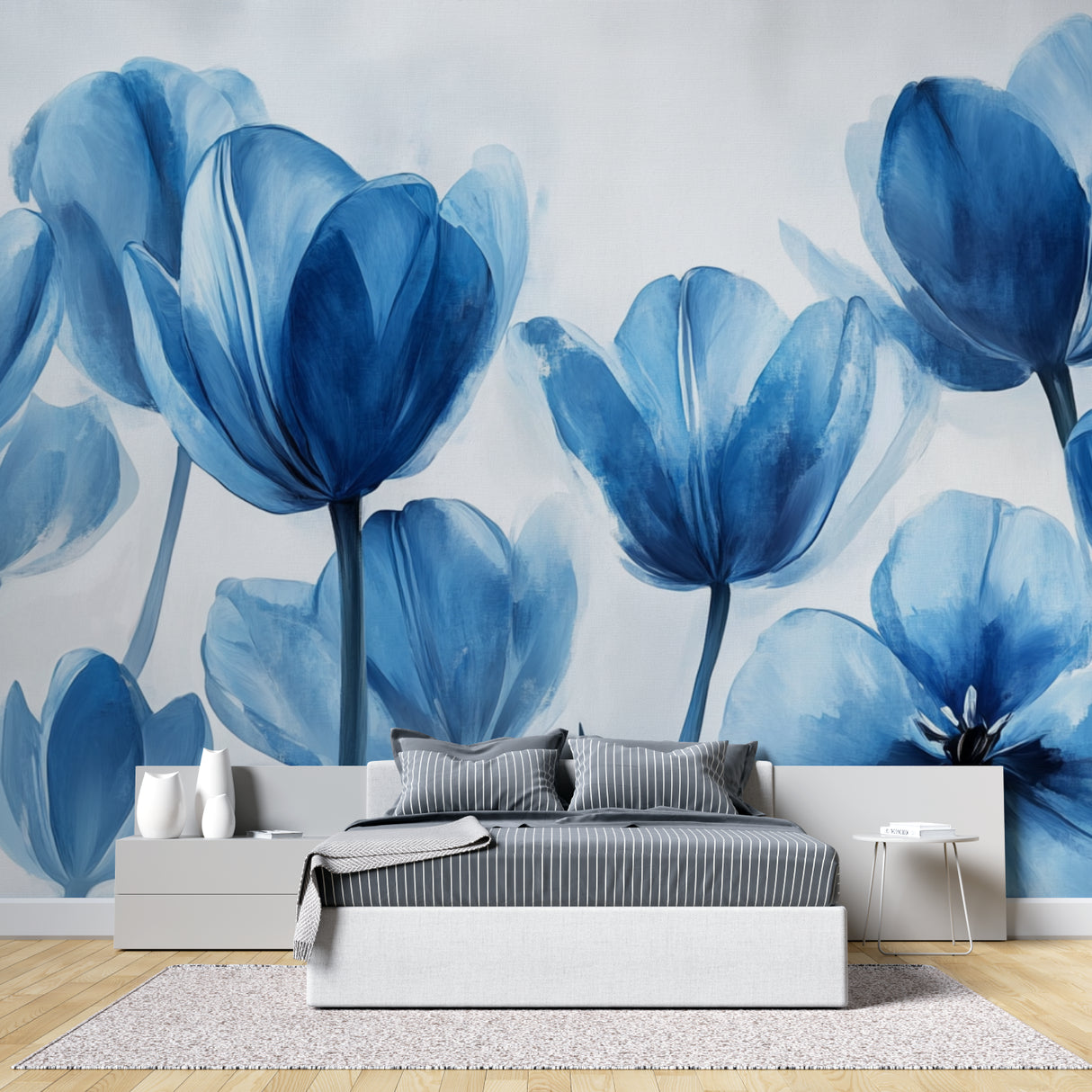 Watercolor blue tulip wall mural making a statement in master bedroom