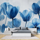 Watercolor blue tulip wall mural making a statement in master bedroom
