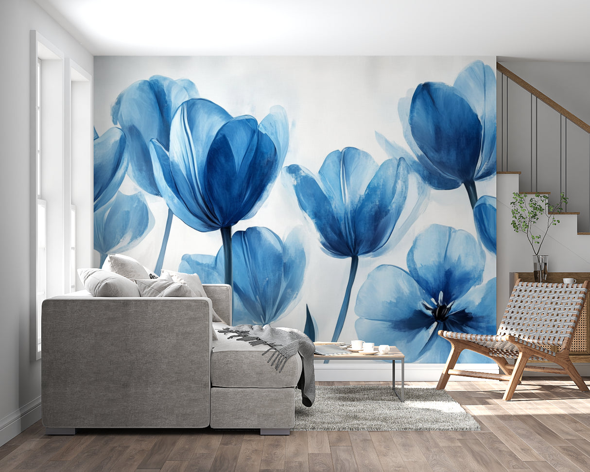 Watercolor tulip mural adding depth to dining room walls