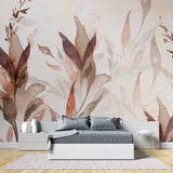 Watercolor botanical wallpaper adding elegance to a minimalist dining room