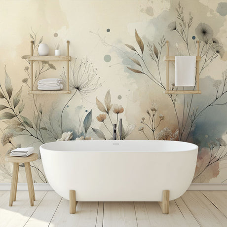 Watercolor floral wallpaper creating a peaceful atmosphere in a bright modern living room with natural light