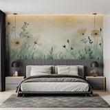 Botanical wallpaper design enhancing a minimalist dining room with soft colors