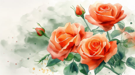 Coral rose wallpaper mural in bright modern bedroom showing watercolor floral design with soft lighting