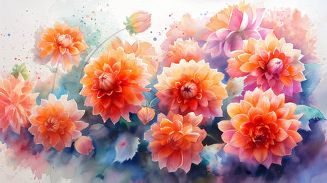 Watercolor Dahlia floral wallpaper creating a peaceful atmosphere in a bright modern living room with natural light