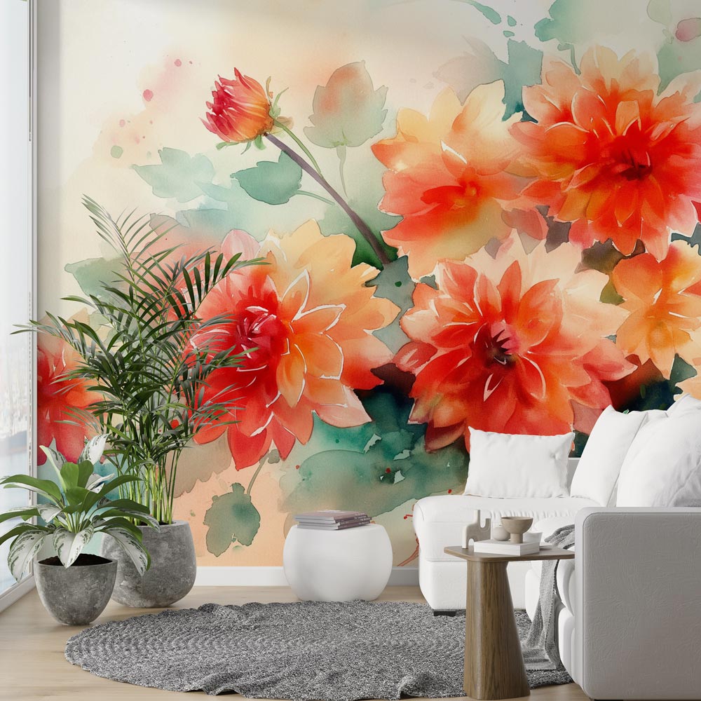 Watercolor Dahlia floral wallpaper creating a peaceful atmosphere in a bright modern living room with coral accents