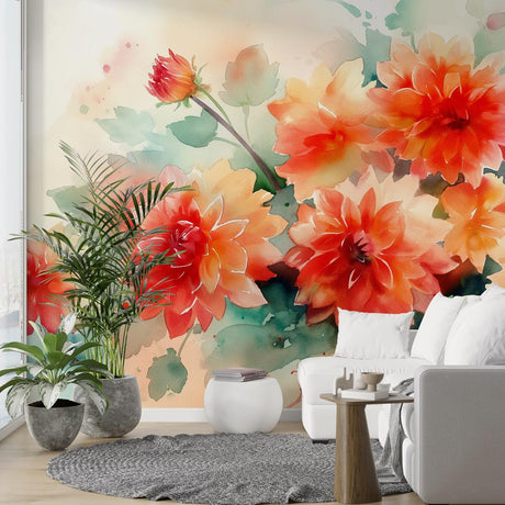 Watercolor Dahlia floral wallpaper creating a peaceful atmosphere in a bright modern living room with coral accents