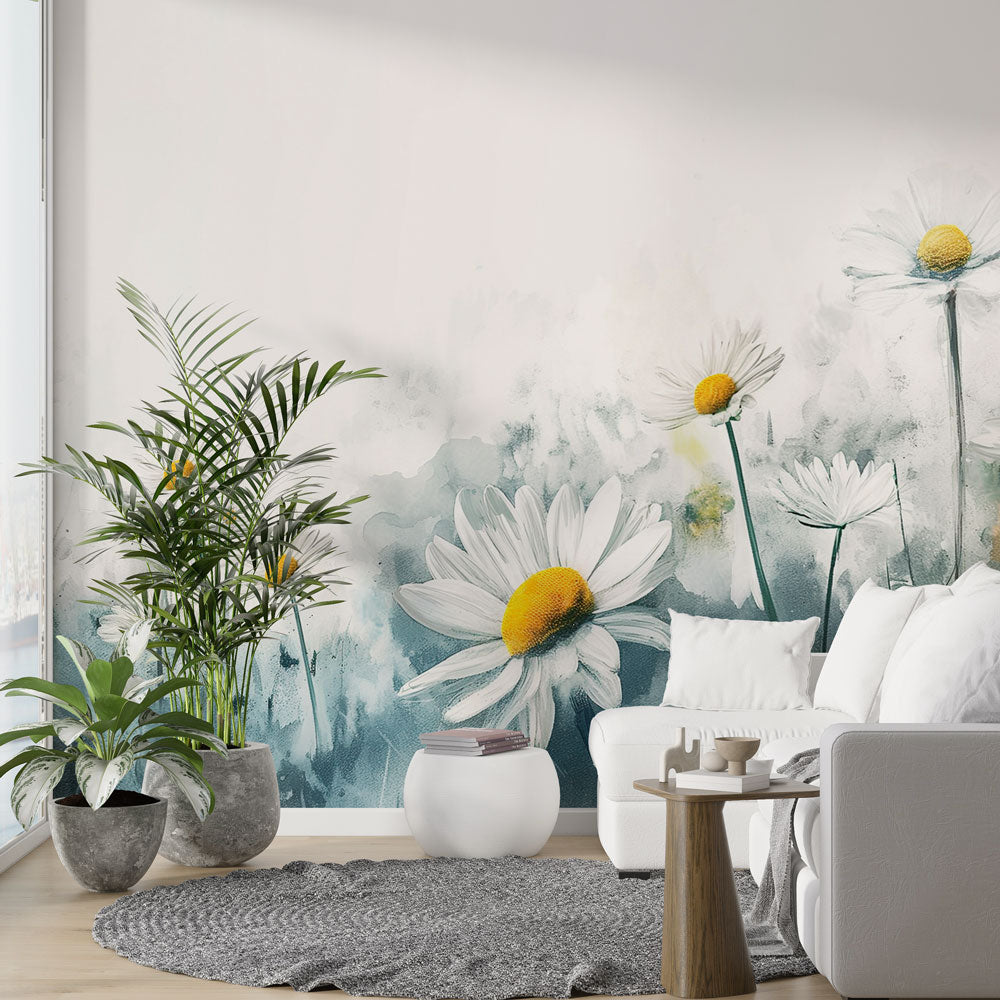 Watercolor Daisy Field Mural Wallpaper creating a fresh spring atmosphere in a bright modern living room