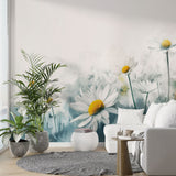 Watercolor Daisy Field Mural Wallpaper creating a fresh spring atmosphere in a bright modern living room
