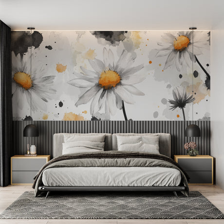 Watercolor daisy wallpaper in bright modern living room showing grey splashes and white flowers