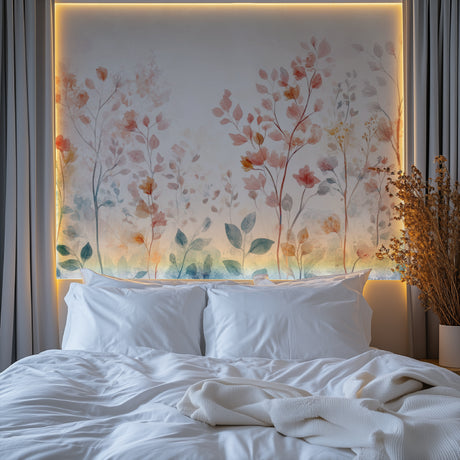 Watercolor Floral Wallpaper in bright modern living room with natural light and white furniture