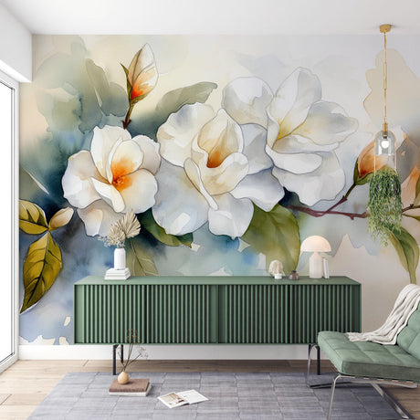 Watercolor Gardenia Wallpaper creating a fresh, bright atmosphere in a modern living room with white furniture