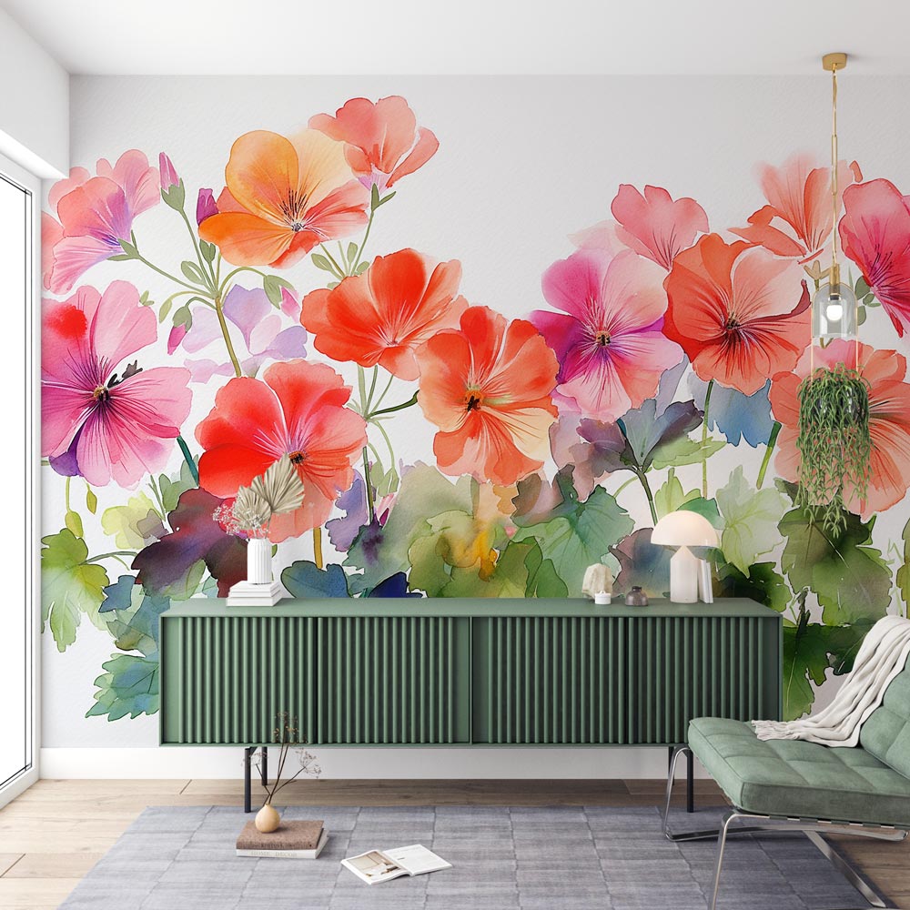 Watercolor floral wallpaper with coral geraniums creating a fresh spring feel in a bright modern living room