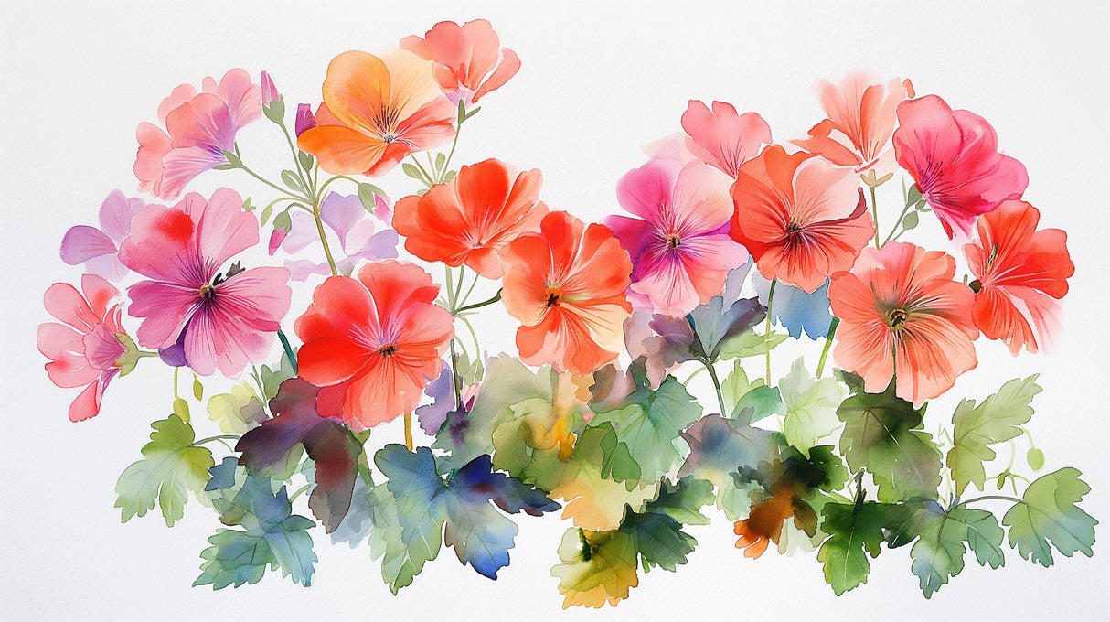 Watercolor geranium design file showing detailed coral and pink blooms with green foliage pattern