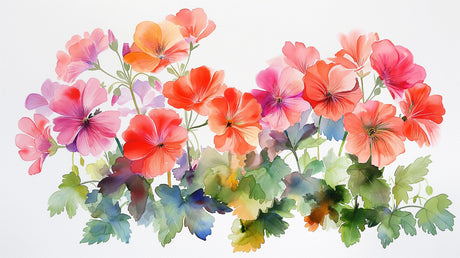 Watercolor geranium design file showing detailed coral and pink blooms with green foliage pattern