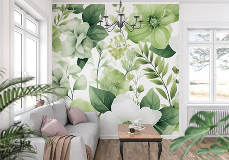 Green floral wallpaper creating a fresh look in modern living room with natural light
