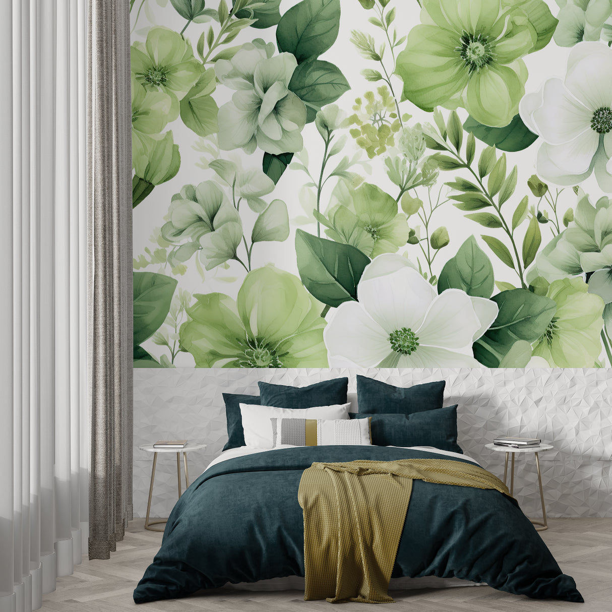 Botanical wall mural brightening master bedroom with soft green tones
