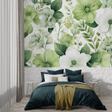 Botanical wall mural brightening master bedroom with soft green tones