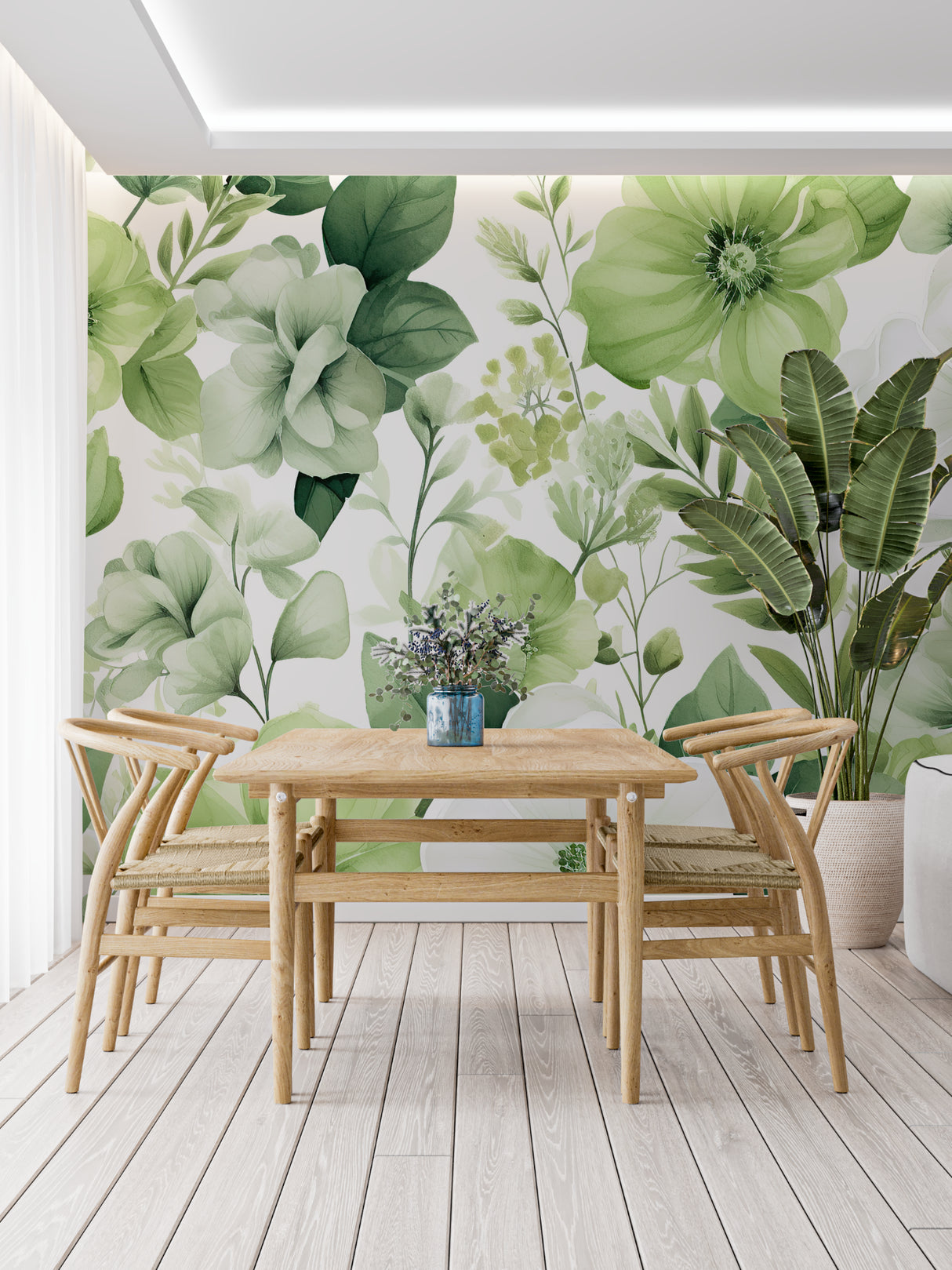 Watercolor floral wallpaper adding life to home office space