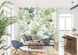 Green botanical wallpaper making dining room feel fresh and natural