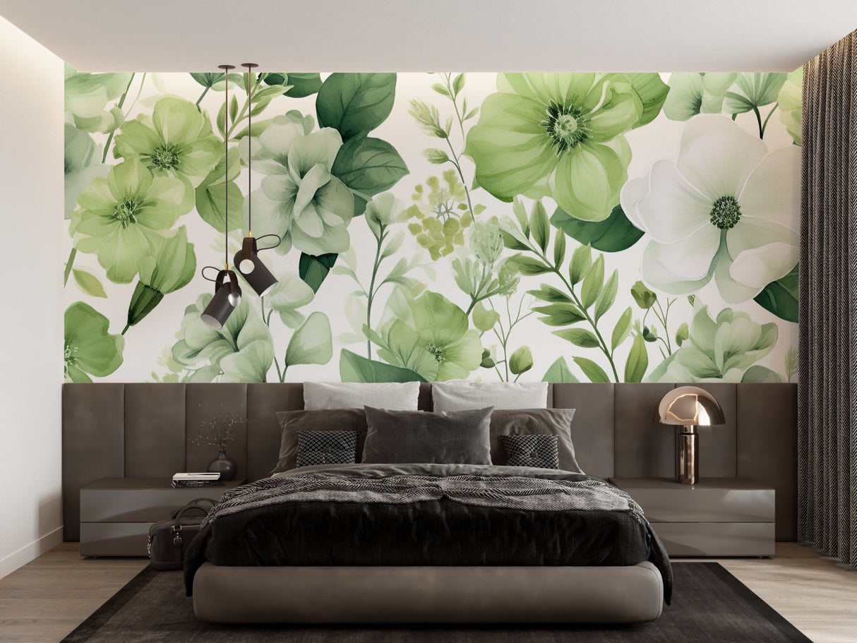 Nature-inspired wall mural creating calm atmosphere in reading nook