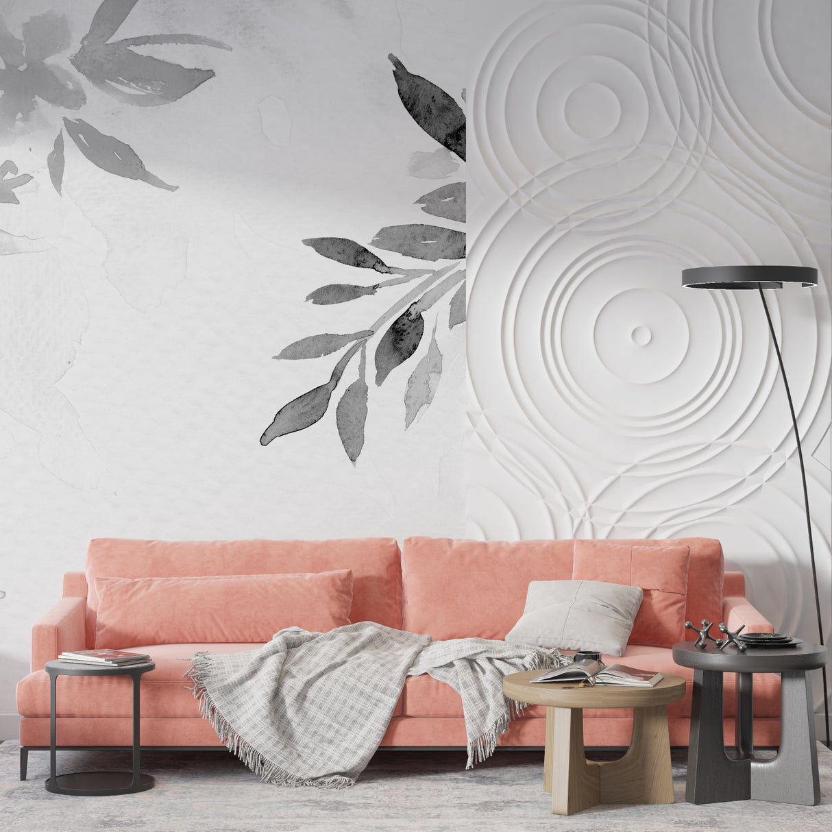 Watercolor grey leaves mural in a peaceful bedroom setting with minimal furniture