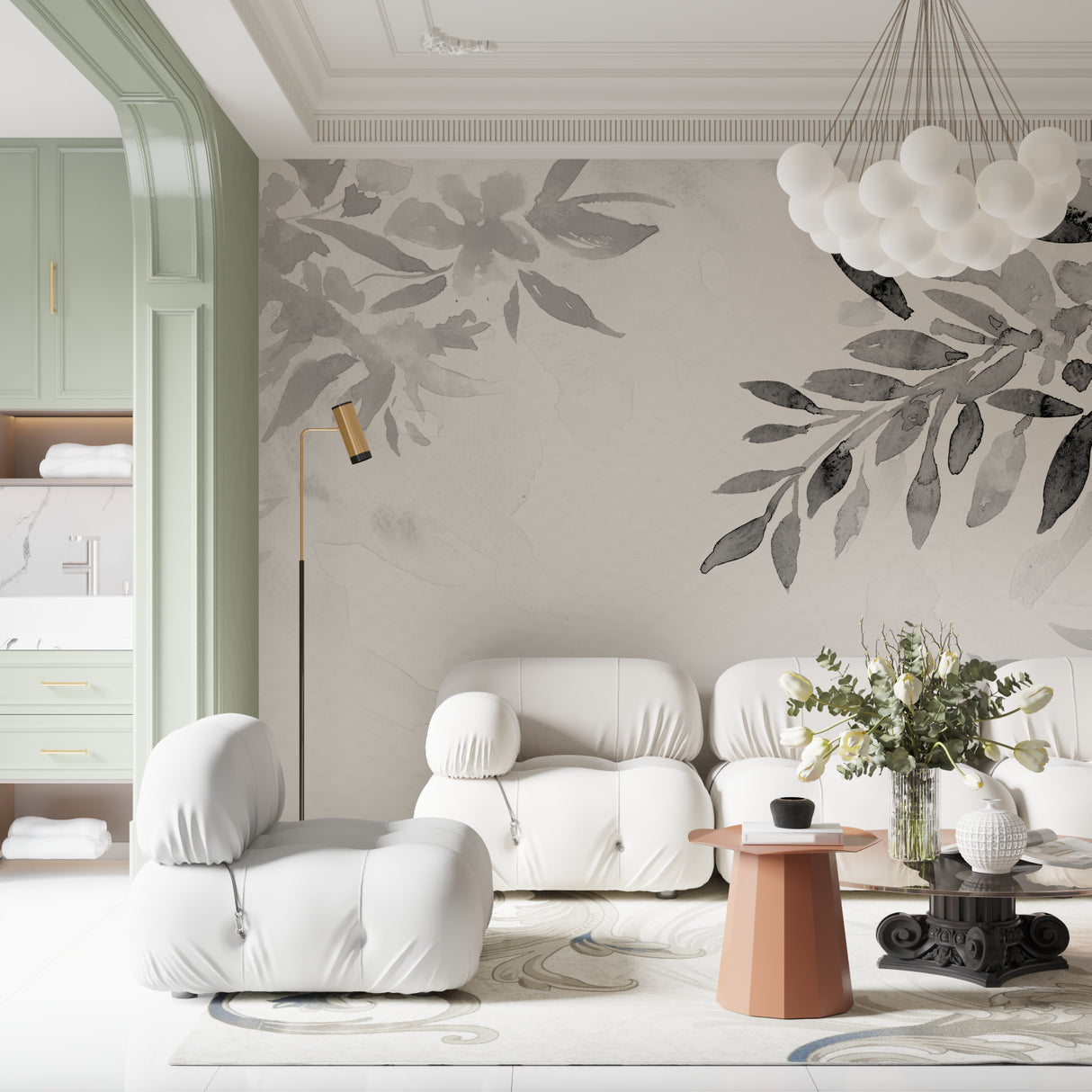 Grey leaf pattern wallpaper making a statement in a contemporary dining room
