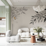 Grey leaf pattern wallpaper making a statement in a contemporary dining room