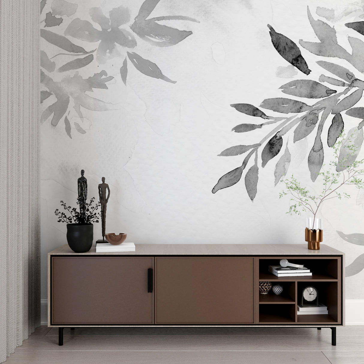 Minimalist grey floral mural enhancing a modern entryway with natural lighting