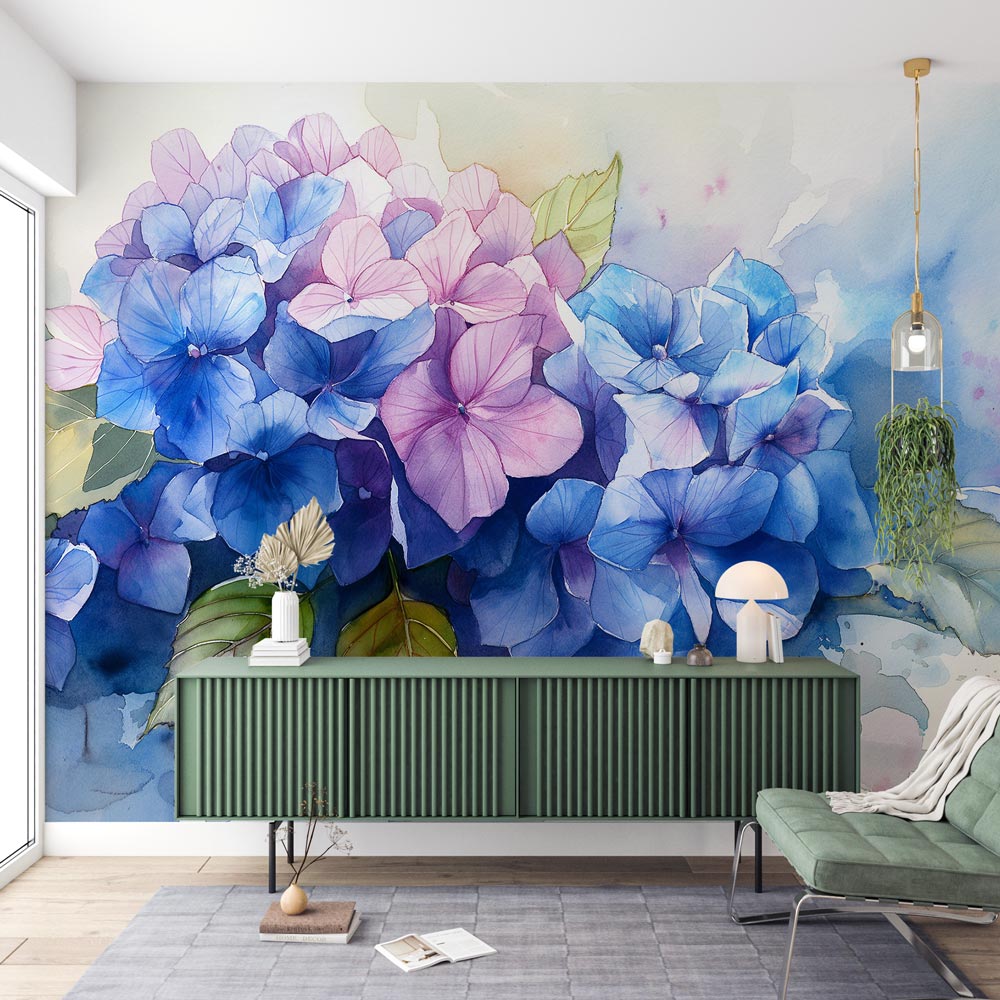 Hydrangea floral wallpaper in bright modern living room, showing blue and pink watercolor blooms creating a fresh garden feel