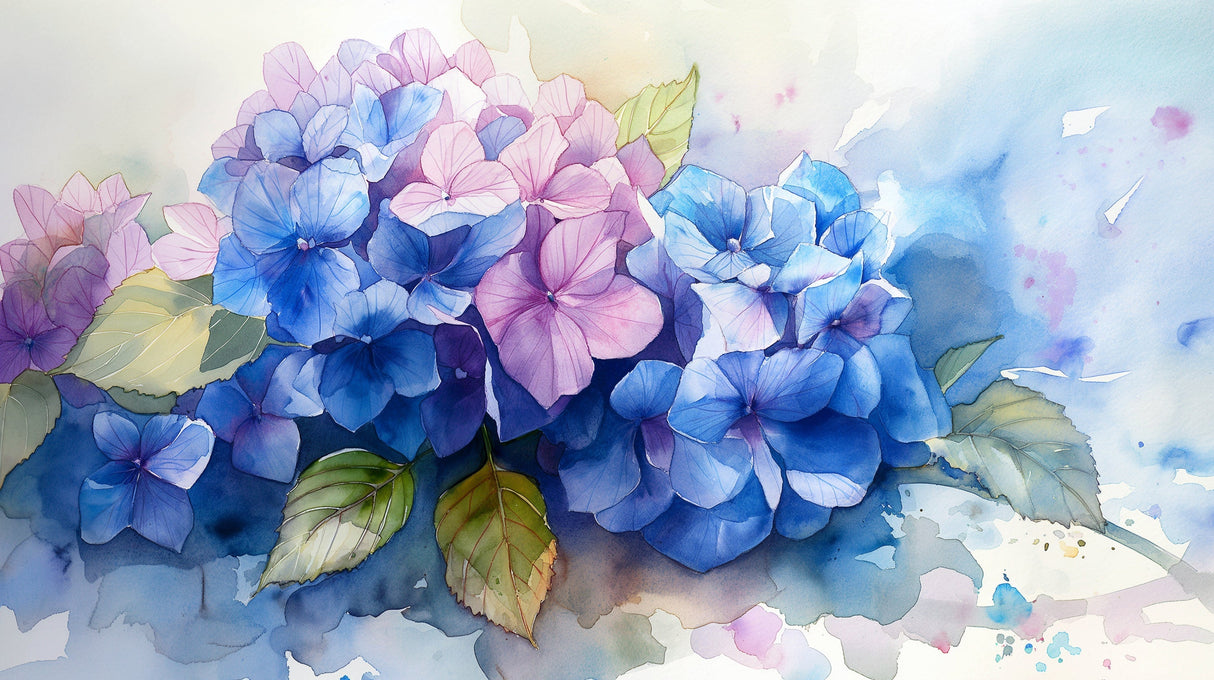 Watercolor Hydrangea wallpaper design file showing detailed blue and pink blooms with green leaves pattern