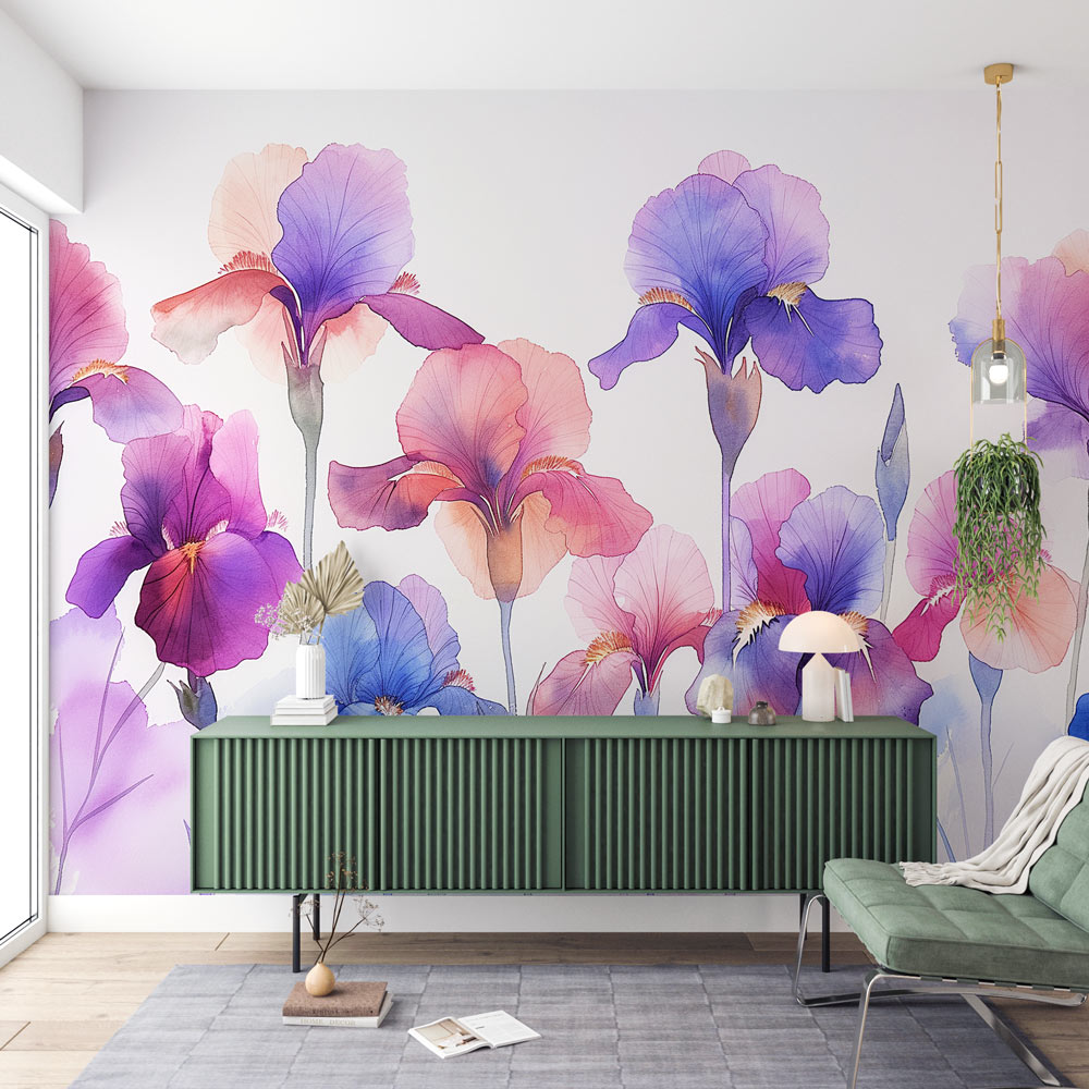 Purple and blue Iris floral wallpaper creating a soft, peaceful atmosphere in a modern living room with natural light