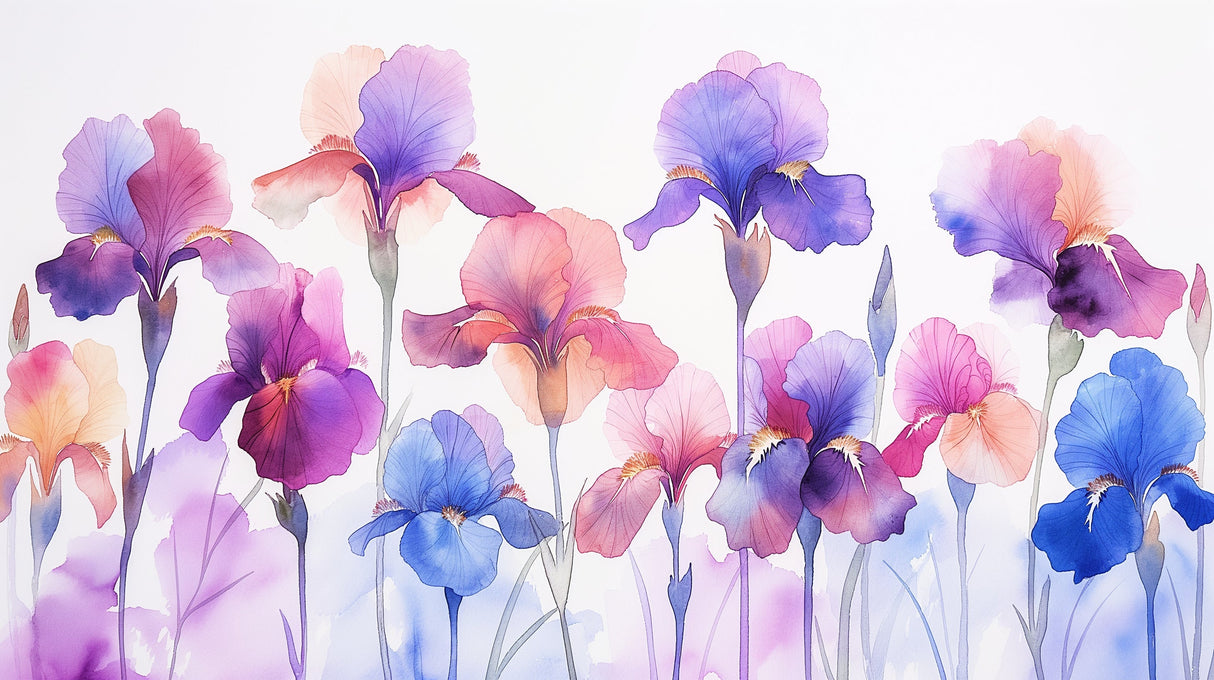 Watercolor Iris Garden design file showing detailed purple and blue iris flowers pattern
