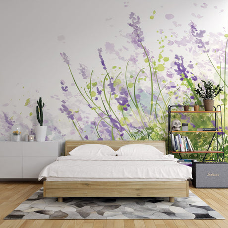 Watercolor floral wallpaper with lavender blooms creating a peaceful atmosphere in a bright modern living room