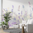 Lavender field wallpaper mural creating a serene atmosphere in a bright modern bedroom with natural light