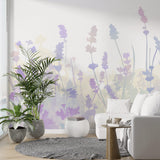 Lavender field wallpaper mural creating a serene atmosphere in a bright modern bedroom with natural light