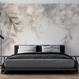 Watercolor leaf wallpaper in modern grey living room showing floating botanical pattern