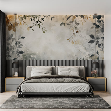 Watercolor leaf wallpaper creating a peaceful atmosphere in a modern living room with grey furniture
