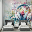 Watercolor floral music wallpaper in a modern teen bedroom with pink and purple accents