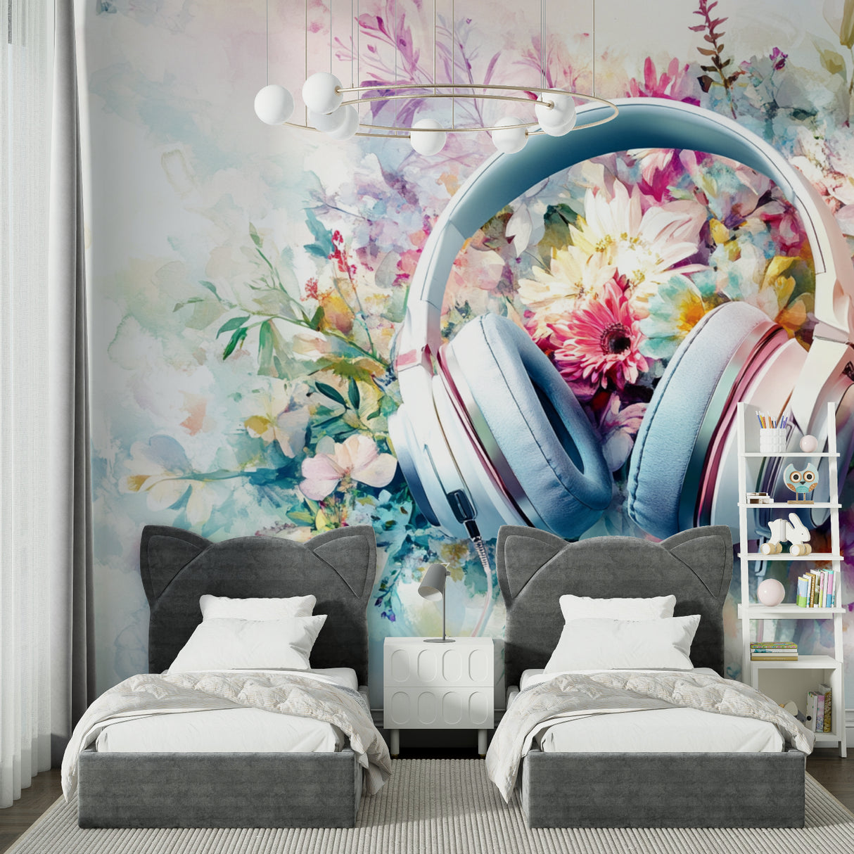 Watercolor floral music wallpaper in a modern teen bedroom with pink and purple accents