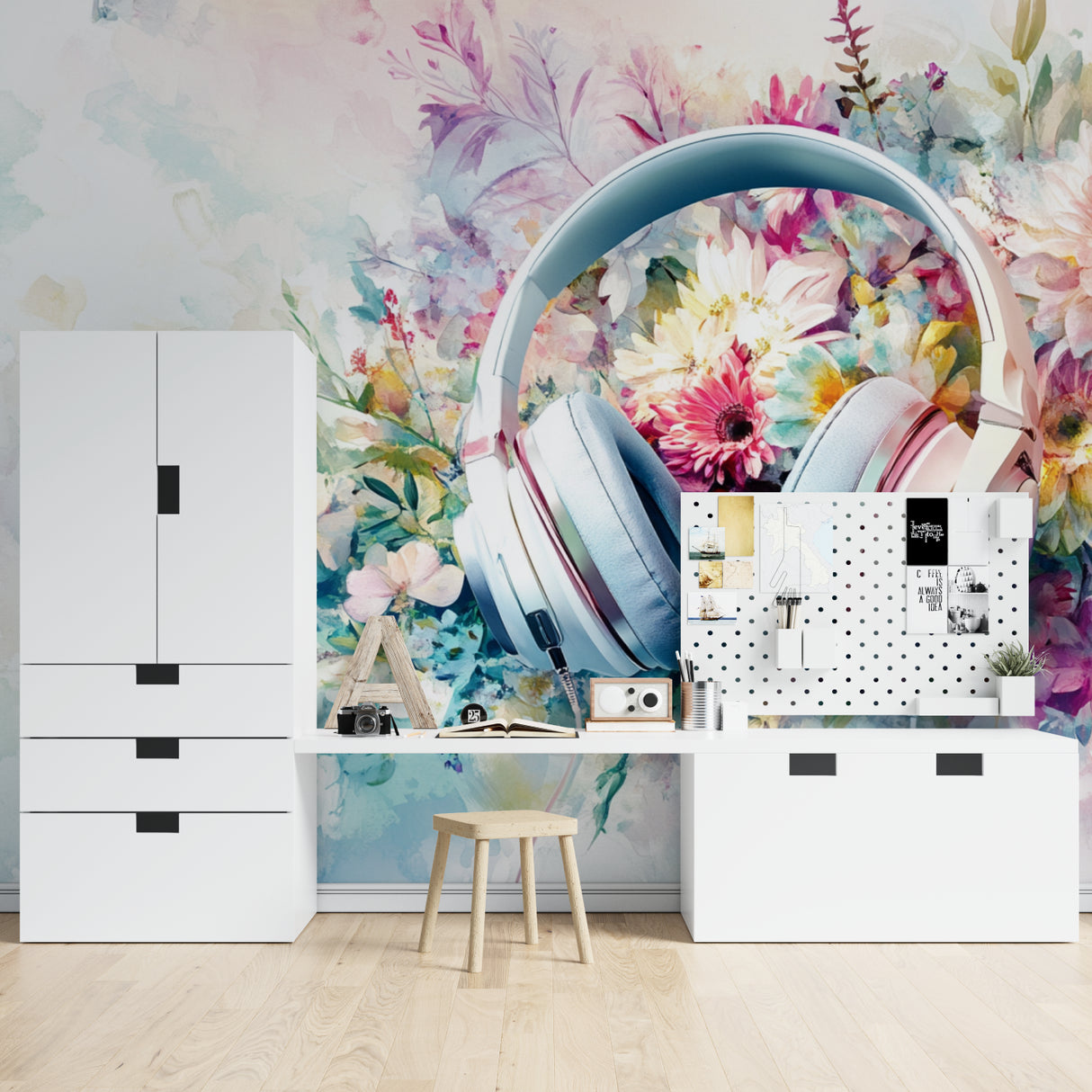 Music room featuring watercolor floral wallpaper with headphone design and instrument display