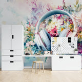 Music room featuring watercolor floral wallpaper with headphone design and instrument display